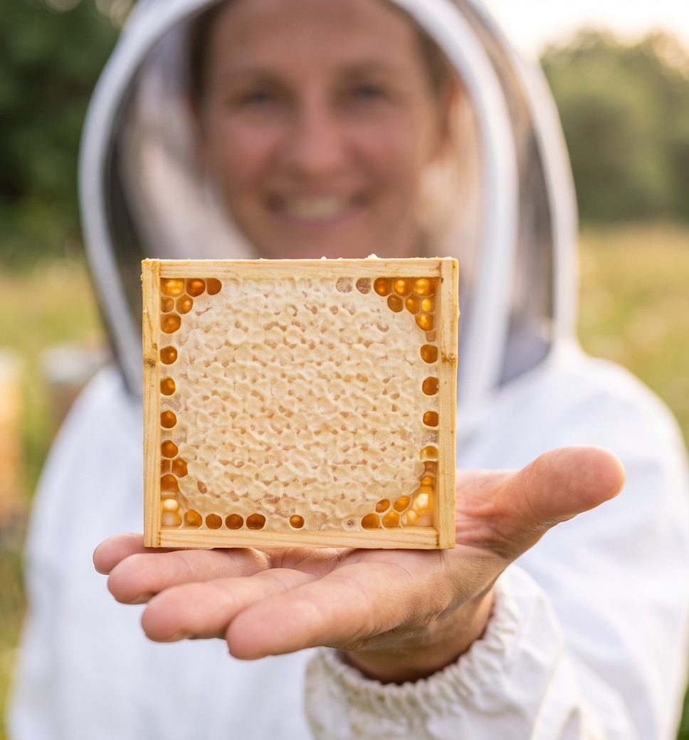 Imkerin im Schutzanzug hält ein ausgebautes 10 x 10 Wabenhonigrähmchen auf der offenen Hand